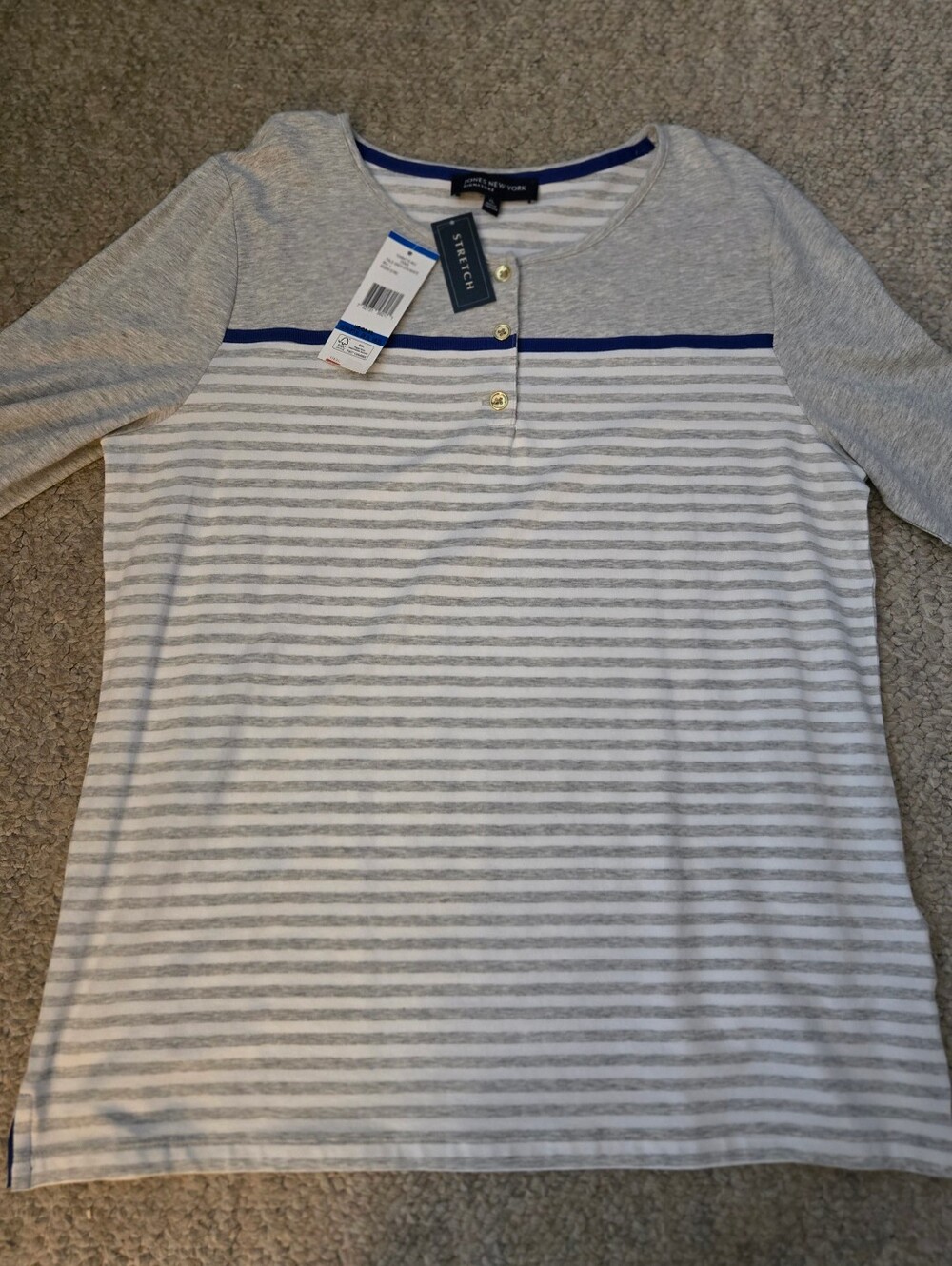 2/$20 Jones New York Signature Gray & White Striped Henley with Navy Trim